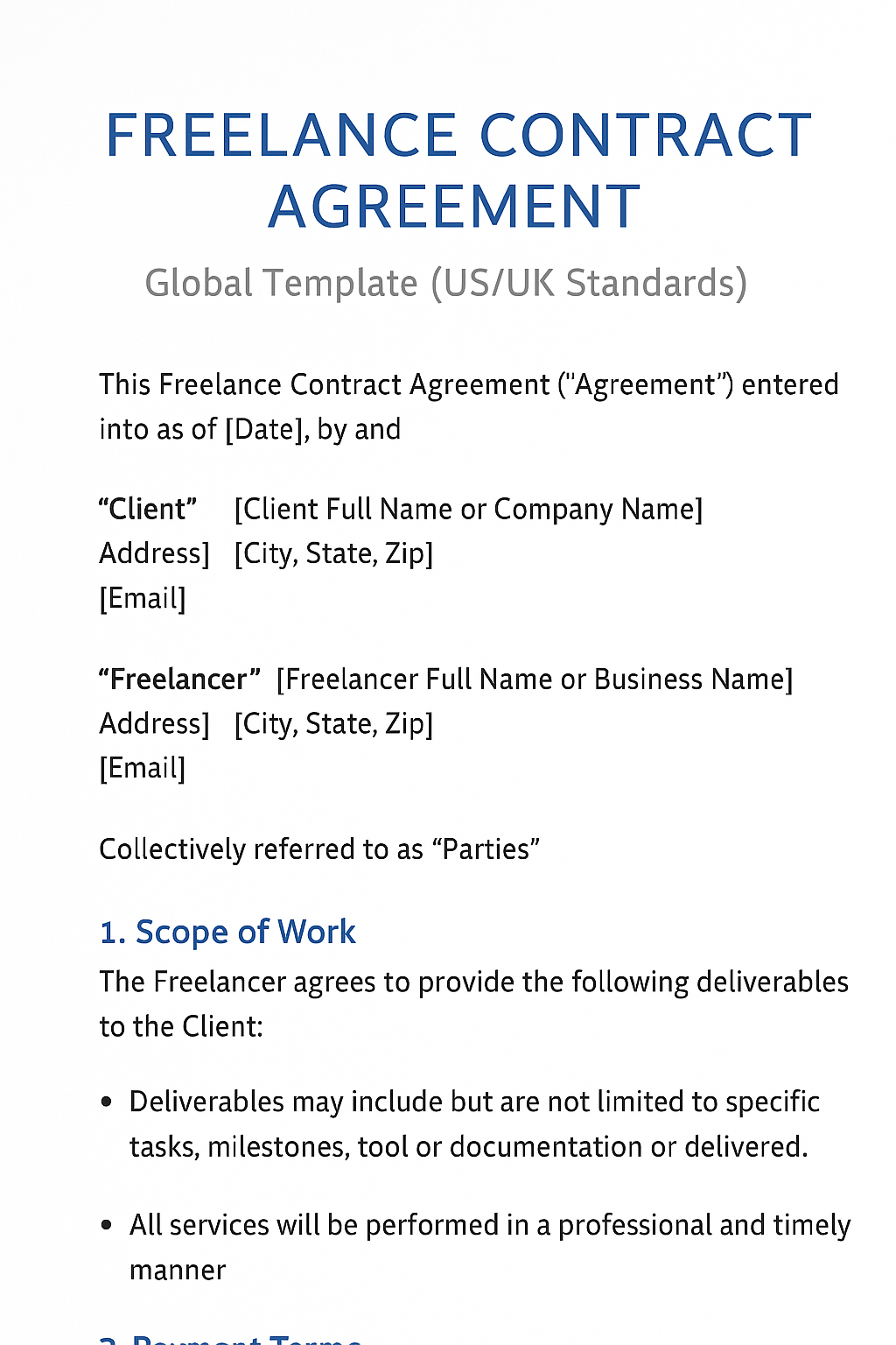 Freelance Contract Template – Editable Word & PDF | Legal Standard ...