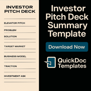 Investor Pitch Deck Summary Template – Editable One-Pager for Startup Presentations
