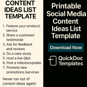 Printable Social Media Content Ideas List Template – Editable Inspiration Sheet for Daily Posts