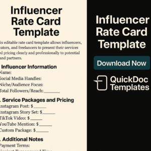 Influencer Rate Card Template – Editable Pricing & Services Sheet for Creators and Brands
