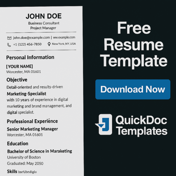 Free Resume Template – Professional CV for Job Applications (Word/PDF) for Marketing & Business Jobs