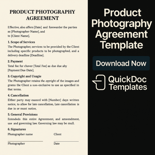 Product Photography Agreement Template – Editable Contract for E-commerce and Product Photo Shoots